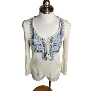 Taylor & Sage Long Sleeve Embroidered Peasant Blouse Top Women's XS Cream Blue